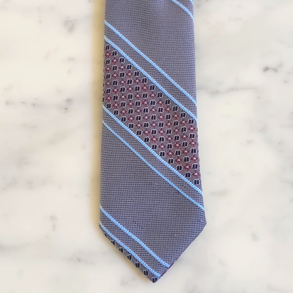 Grey Clip-On Tie with Multicolor Stripes. - Picture 1 of 4